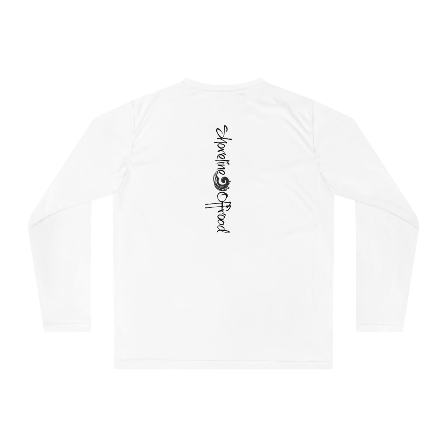 a white long - sleeved shirt with black writing on the chest