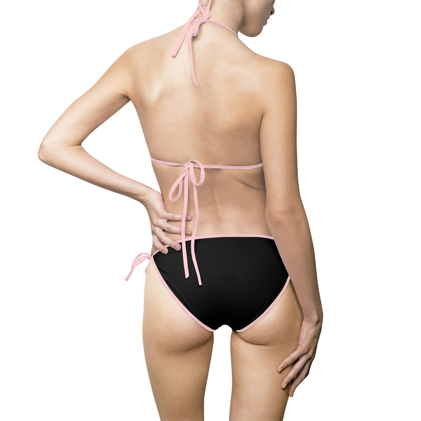a woman in a black and pink bikini bottom