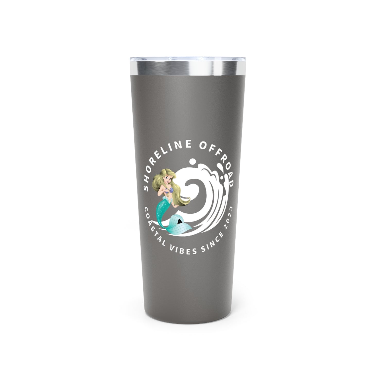 a stainless steel travel mug with a mermaid on it