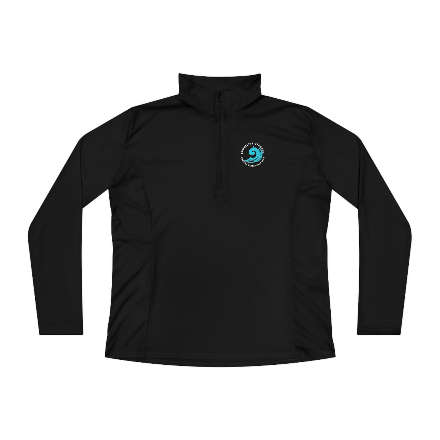 a black shirt with a blue and white logo on it