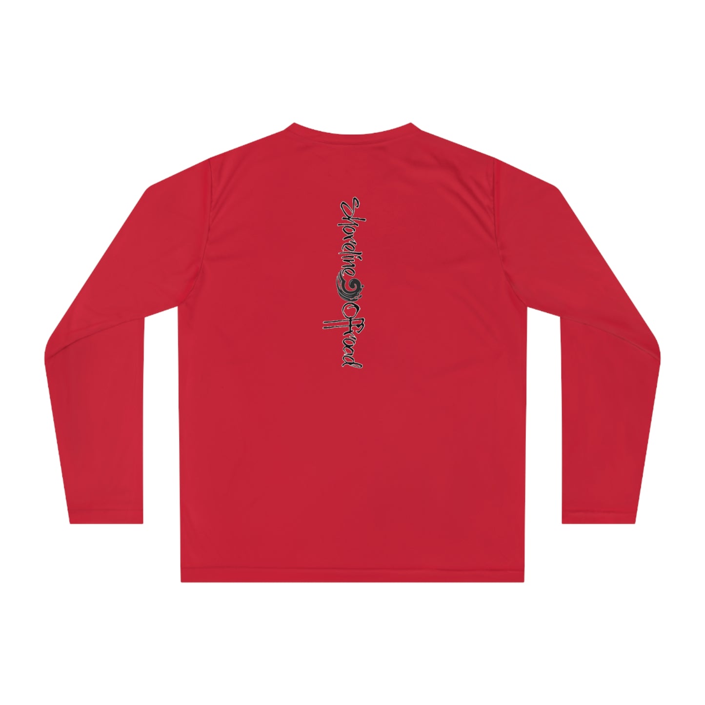 a red long - sleeved shirt with black writing on it