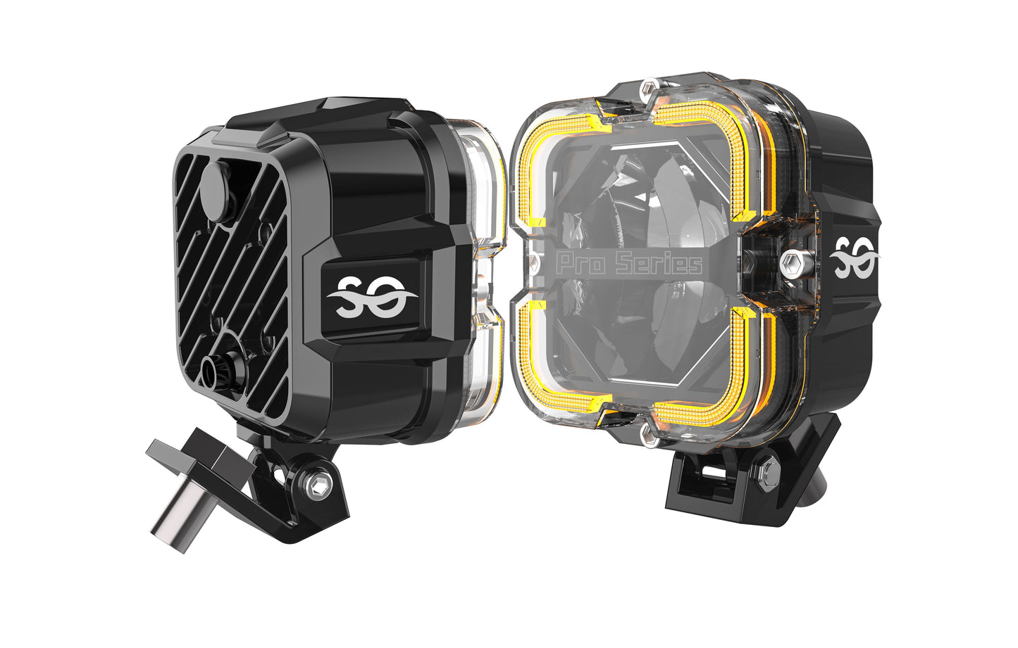 Side view of the Shoreline Offroad Pro Series Bright White LED 4” Pods with Amber DRL, displaying the intricate construction and modern design of these pod lights. These offroad lighting accessories are ideal for truck and vehicle customization, delivering Bright white light for a variety of uses.