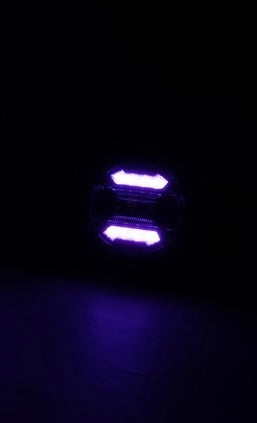 Close-up view of Shoreline Offroad Pro Series LED 4” RGB Fog lights featuring 4” fog light technology, emitting focus-driven brightness for Jeep JL JT, enhancing off-road lighting accessories.