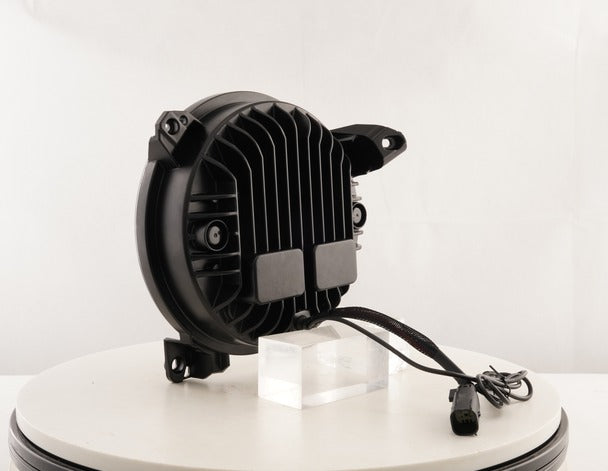 Close-up view of Shoreline Offroad Pro Series LED 9” JL JT RGB X Series Headlights highlighting the durable construction and powerful 80W output for Jeep vehicles.