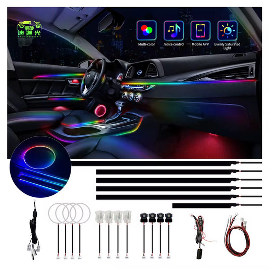 Pro Series Interior Ambient lighting kit composite showing a car interior lit in rainbow colors above the full kit of strips, rings, controllers and wiring laid out below