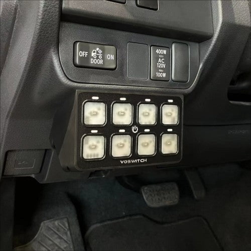 Complete package of Voswitch TACO8 8 Gang Lower Dash Switch Panel Compatible with Toyota Tacoma 2016 to Current including all necessary components.