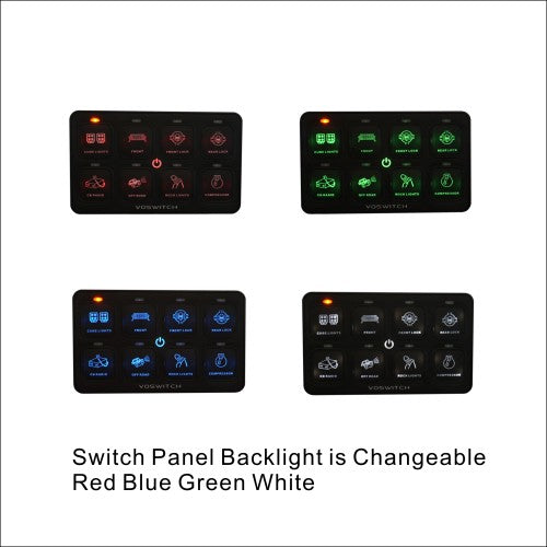 Close-up of Voswitch TACO8 8 Gang Lower Dash Switch Panel Compatible with Toyota Tacoma 2016 to Current illustrating On/Off and momentary functions.
