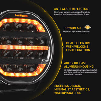 Shoreline Offroad Pro Series Bright White LED 7” Pods with Amber DRL showcasing their powerful illumination and rugged design, perfect for off-road adventures.