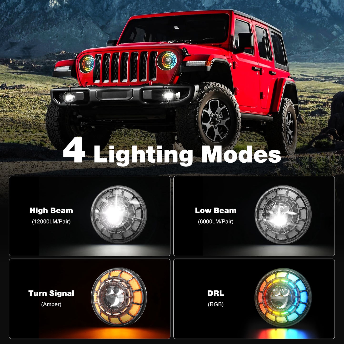 Shoreline Offroad Pro Series LED 7” JK RGB Headlights illuminated at night, showcasing their Bright white light. An essential upgrade for Jeep JK, these 7” pod lights are key lighting accessories for improved offroad visibility.
