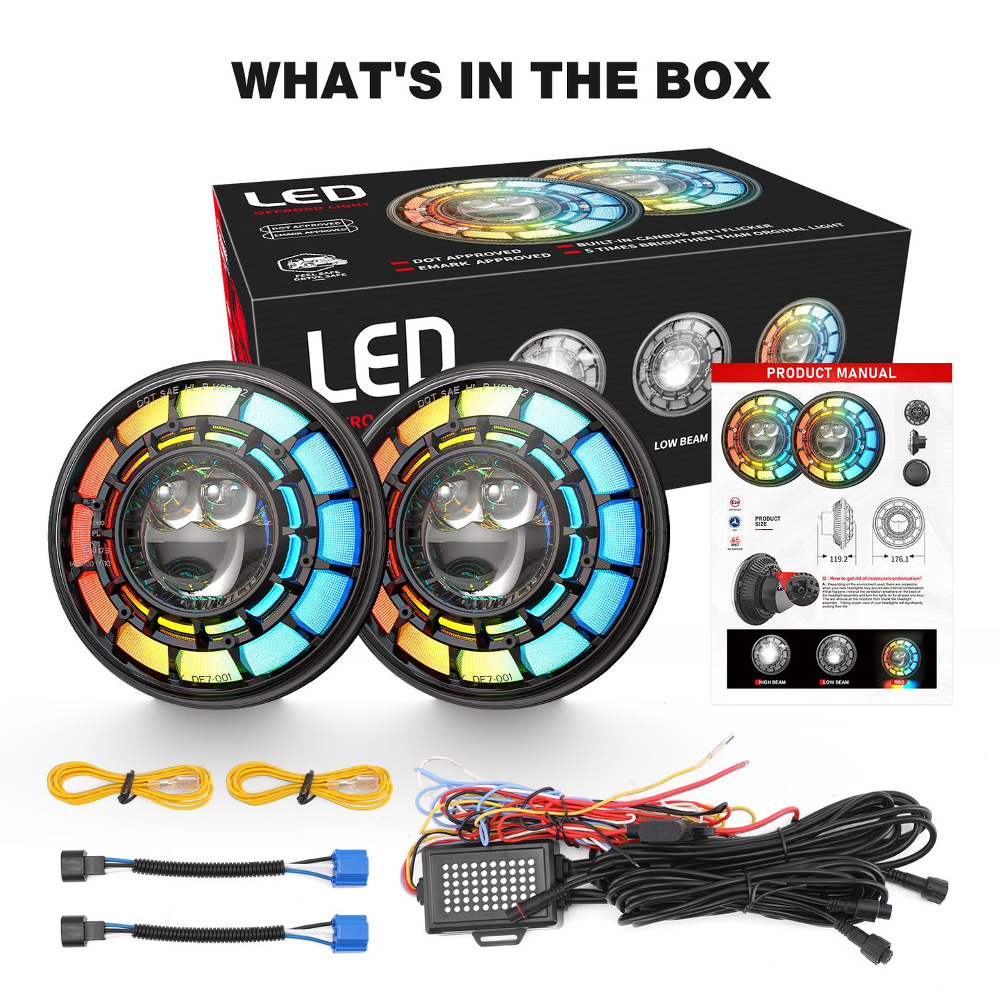 A rear view of Shoreline Offroad Pro Series LED 7” JK RGB Headlights, showcasing their sleek form. These 7” pod lights provide Bright white illumination, perfect for Jeep JK lighting accessories and adventure-ready rock lights.