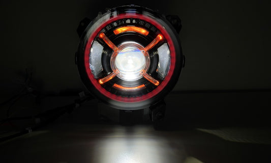 Illuminate your Jeep with the Shoreline Offroad Pro Series LED 9” JL JT RGB Headlights featuring a stunning design and bright white lighting, perfect for off-road adventures.