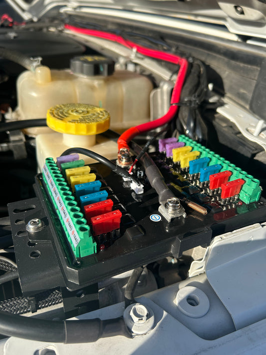 Close-up view of the Shoreline Offroad Pro Series 100amp Panel highlighting its 16 Gang RGB Switch design, perfect for controlling multiple accessories during outdoor adventures.
