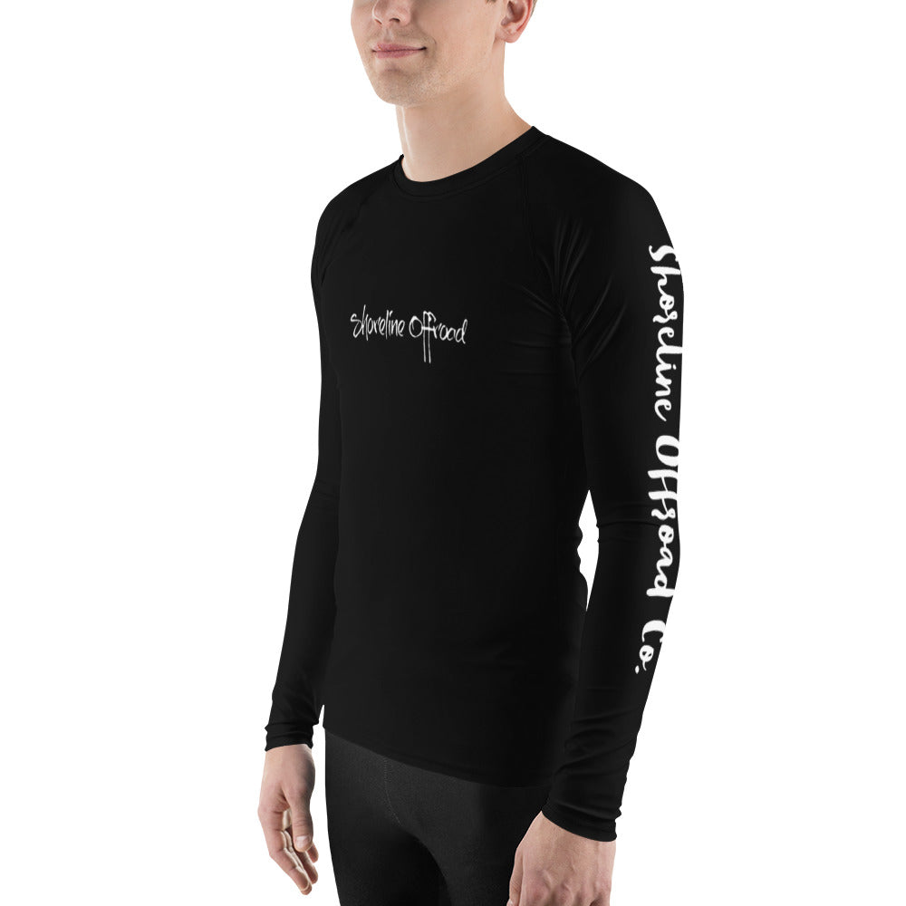 a man wearing a black shirt with white writing on it