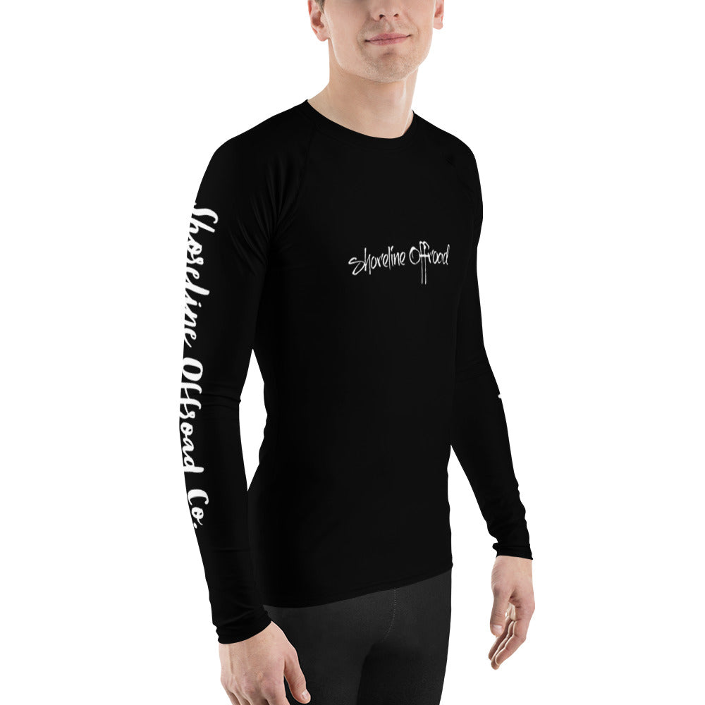 a man wearing a black shirt with white writing on it