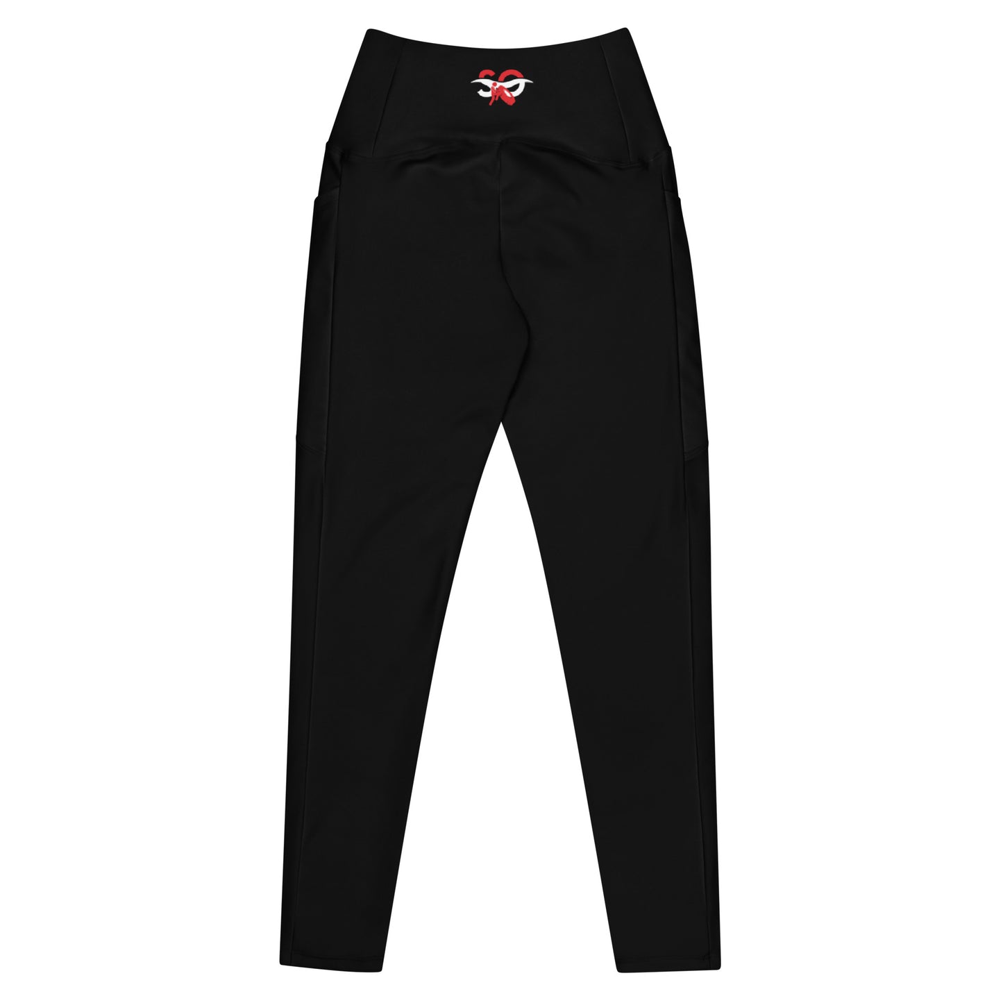 a pair of black pants with a red logo on the side