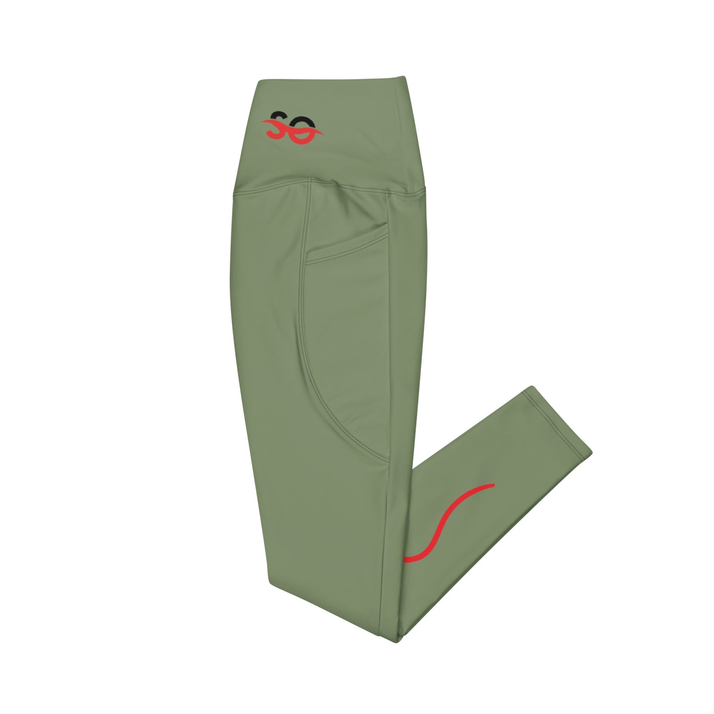a pair of green pants with a red logo on the side