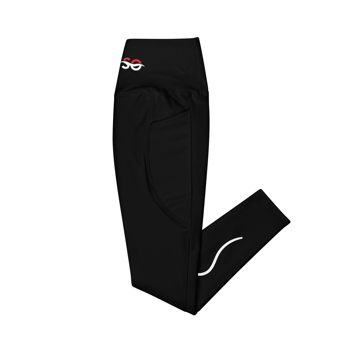 a pair of black pants with a white logo on the side