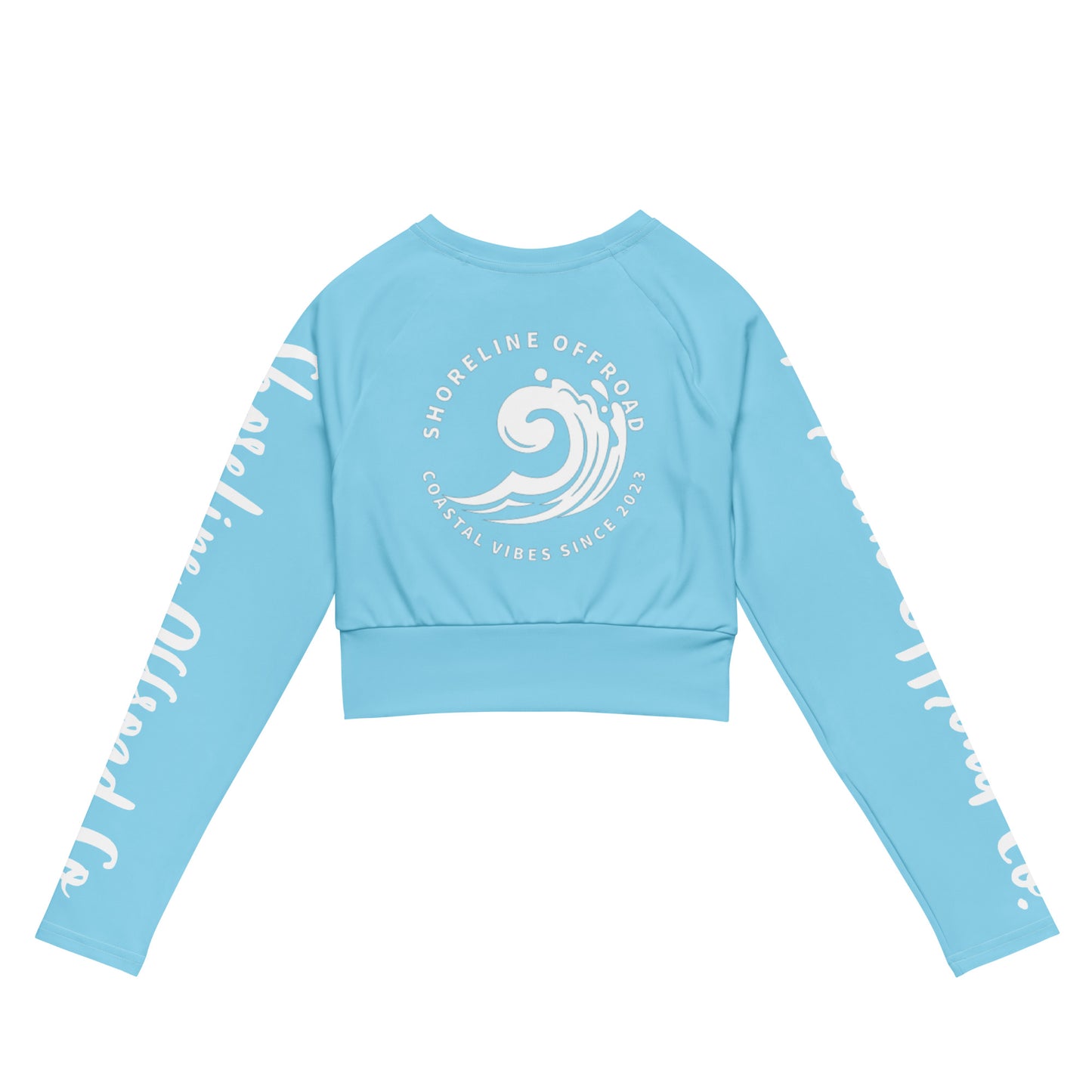 a women's crop top with a white wave on it
