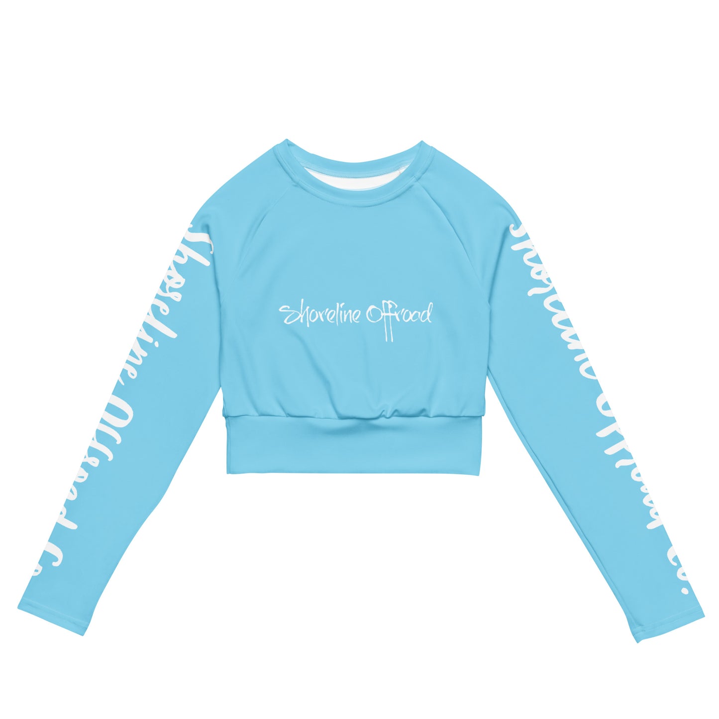 a blue crop top with white writing on it