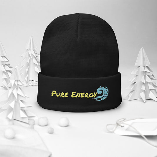 a black beanie with the words pure energy on it