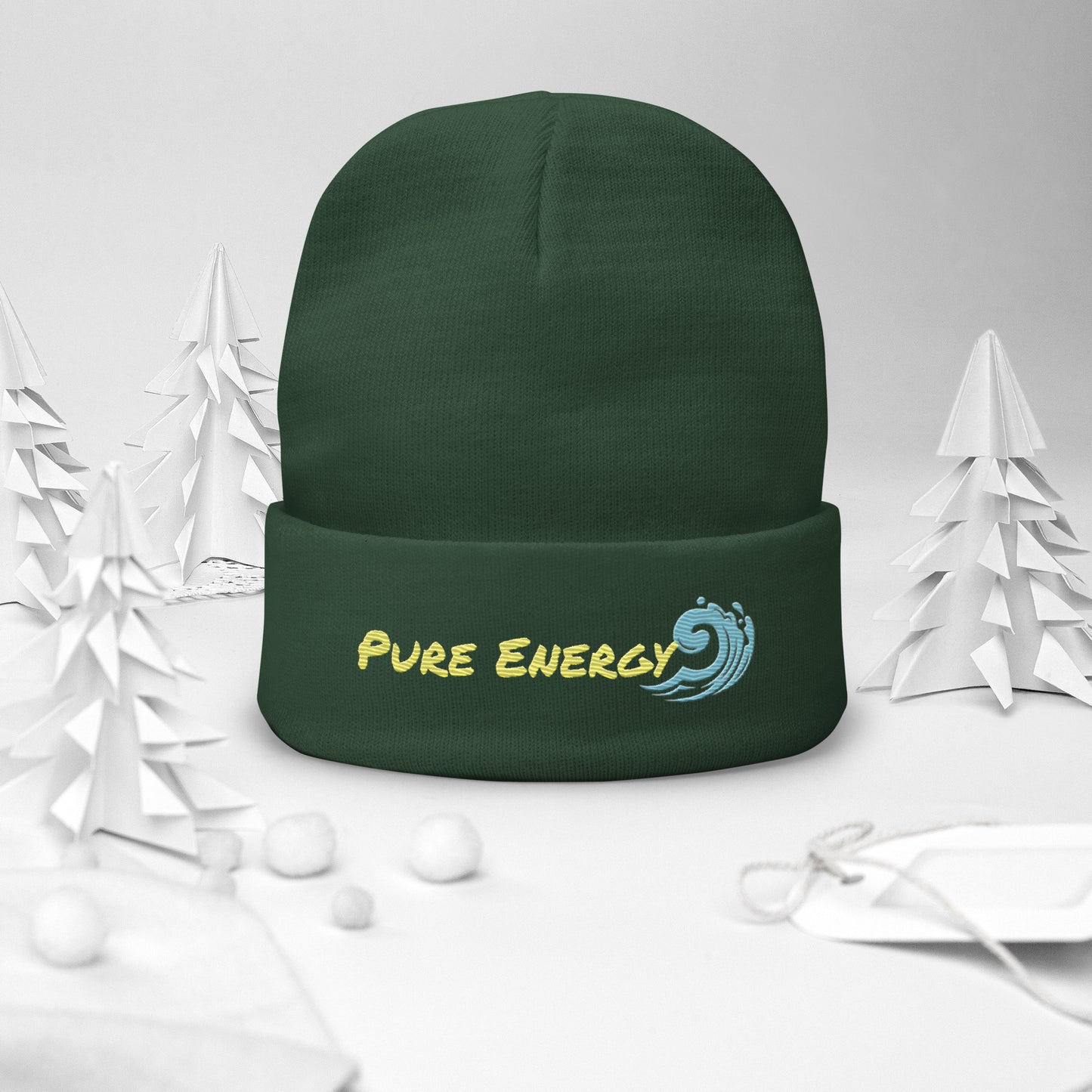 a green beanie with the words pure energy on it