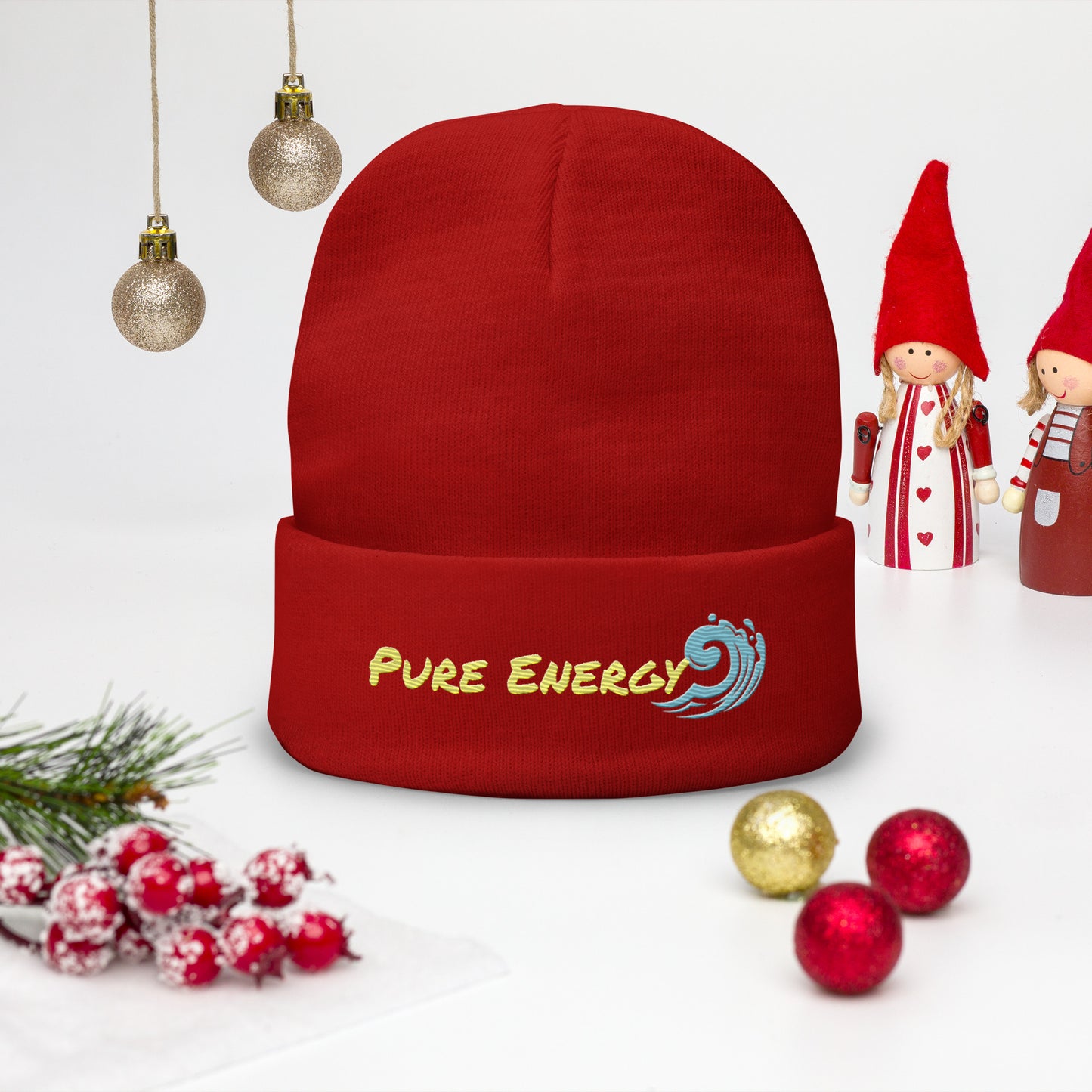 a red beanie hat with the word pure energy on it