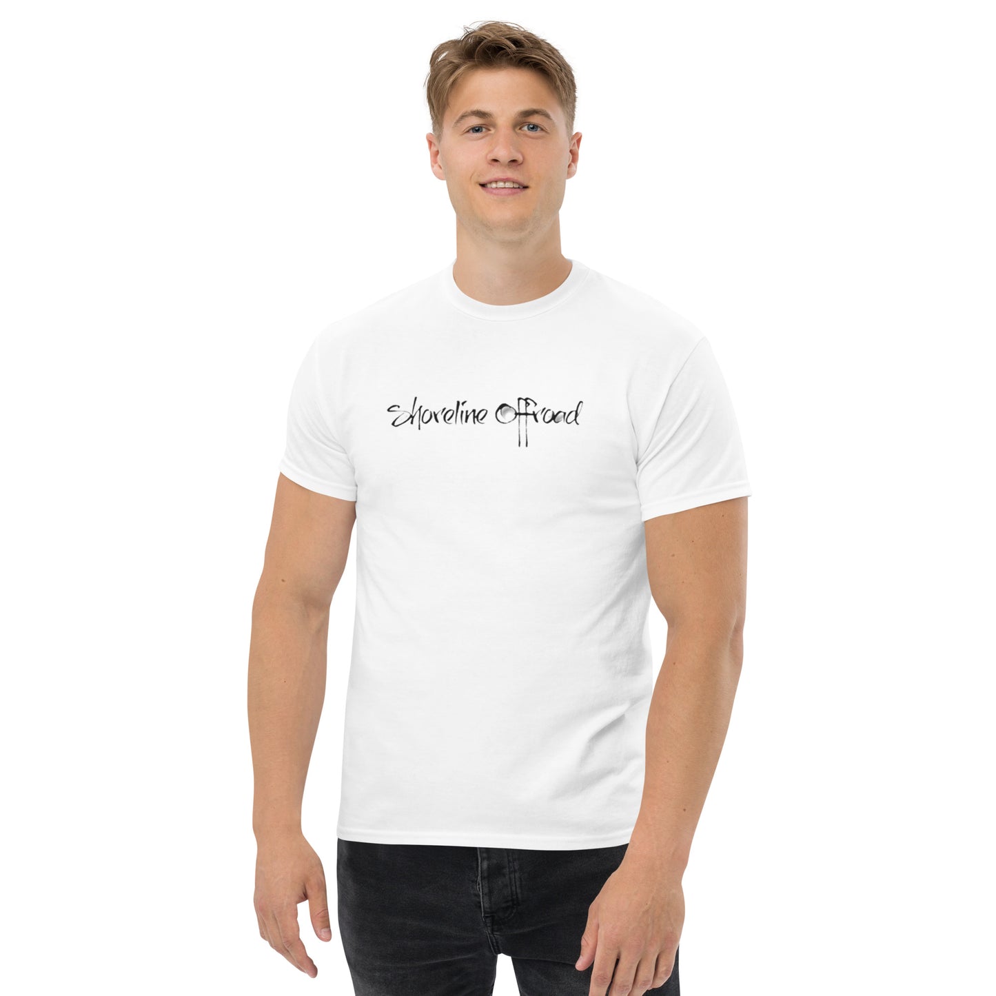 a man wearing a white t - shirt with the words electric forward on it