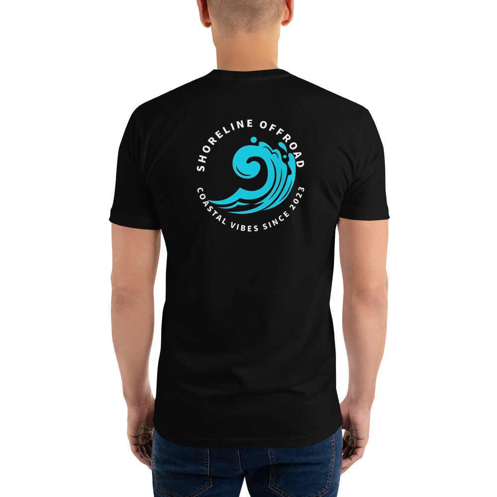 a man wearing a black t - shirt with a blue wave on it
