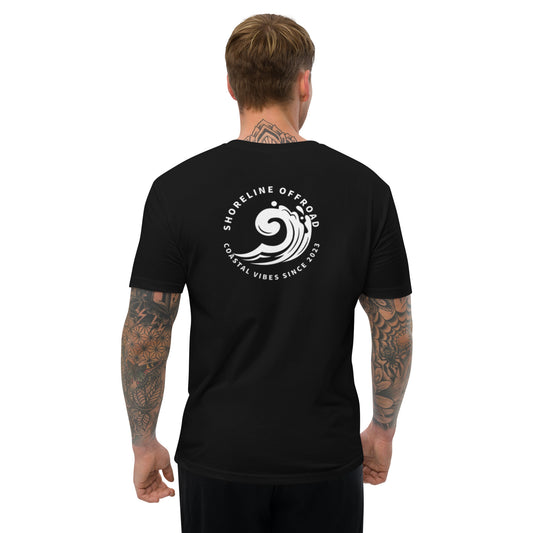 a man wearing a black shirt with a white logo on it