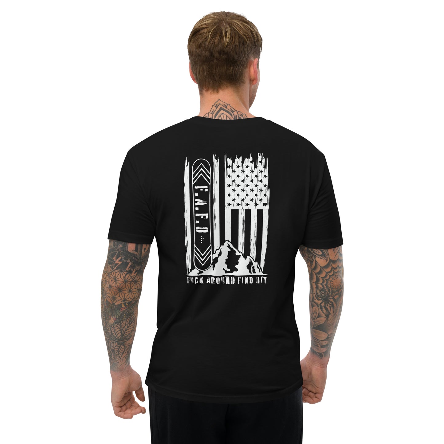 a man wearing a black shirt with an american flag on it