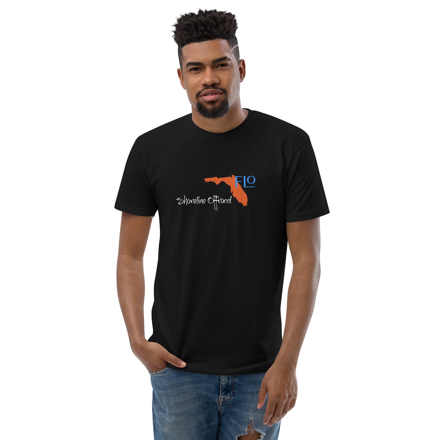 a man wearing a black t - shirt with an orange bird on it