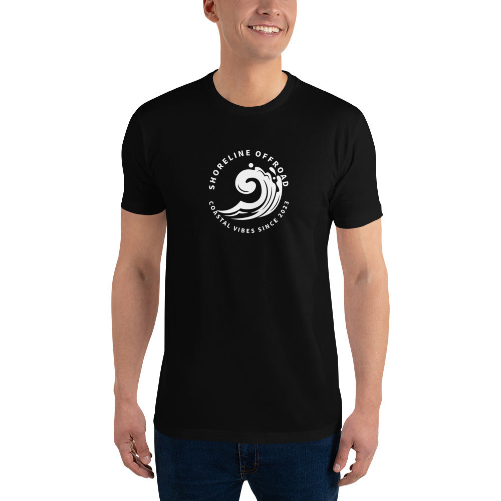 a man wearing a black t - shirt with a white wave on it