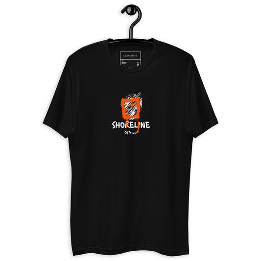 a black t - shirt with an orange and black logo