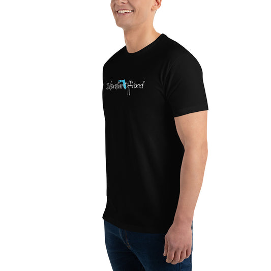 a man wearing a black t - shirt with a blue logo