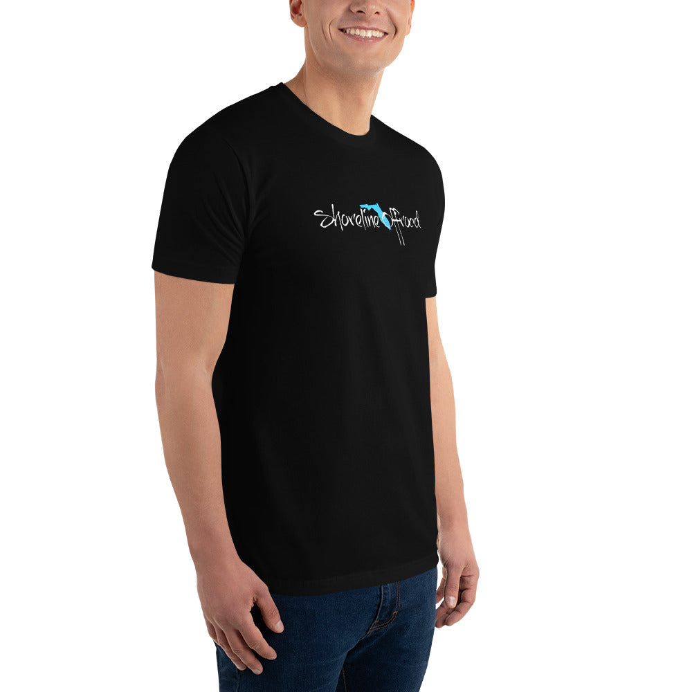 a man wearing a black t - shirt with a logo on it