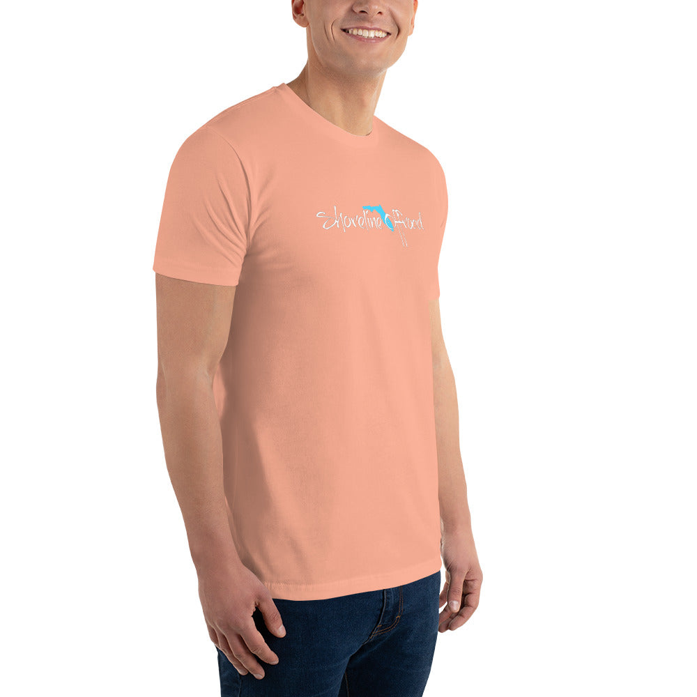 a man wearing a pink t - shirt that says no animals on it