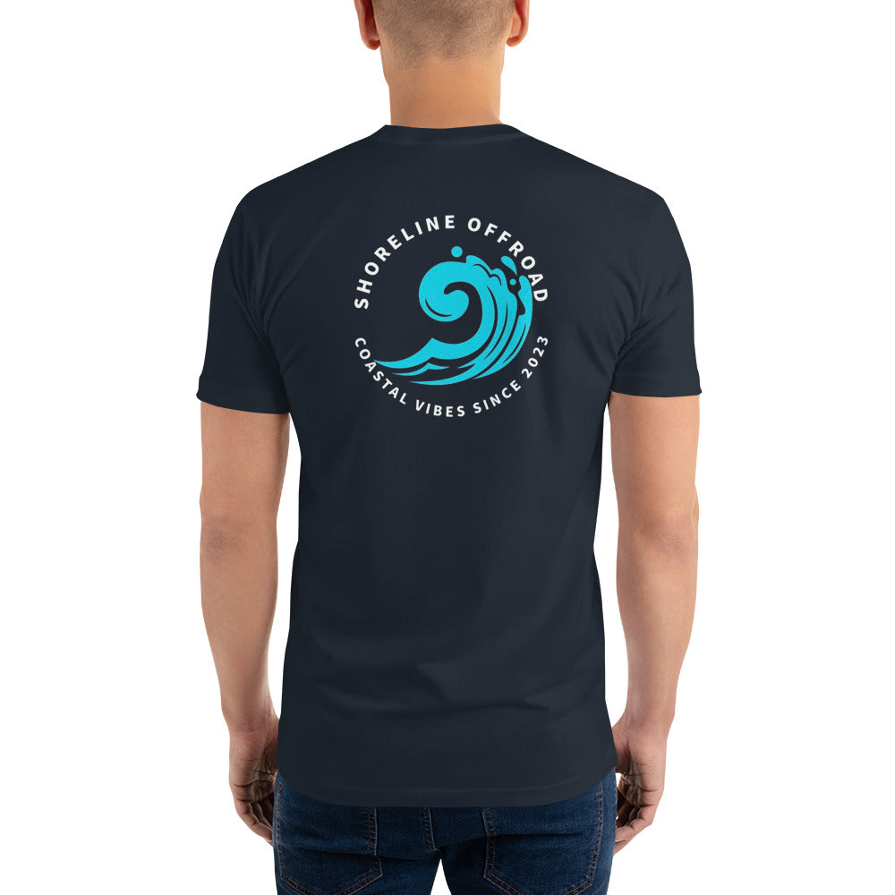 the back of a man wearing a black shirt with a blue wave on it