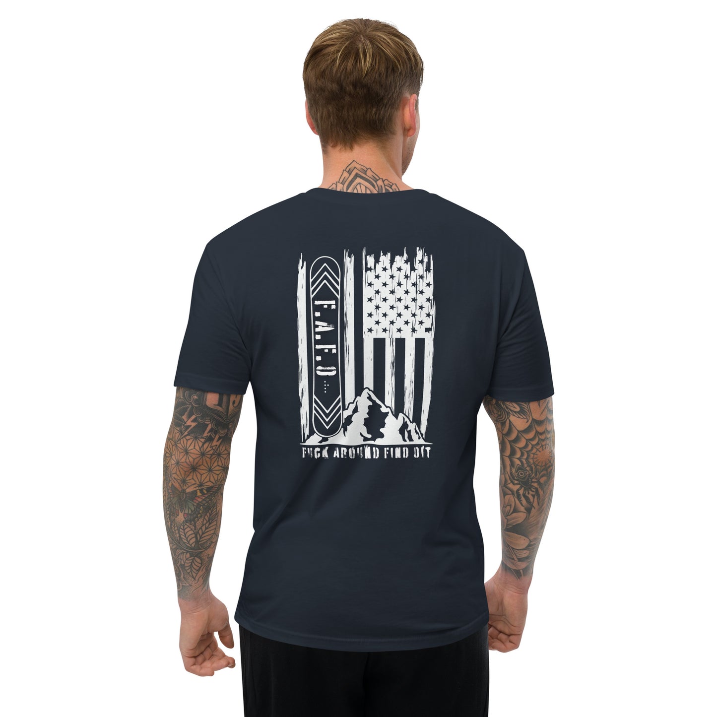 a man wearing a black shirt with an american flag on it