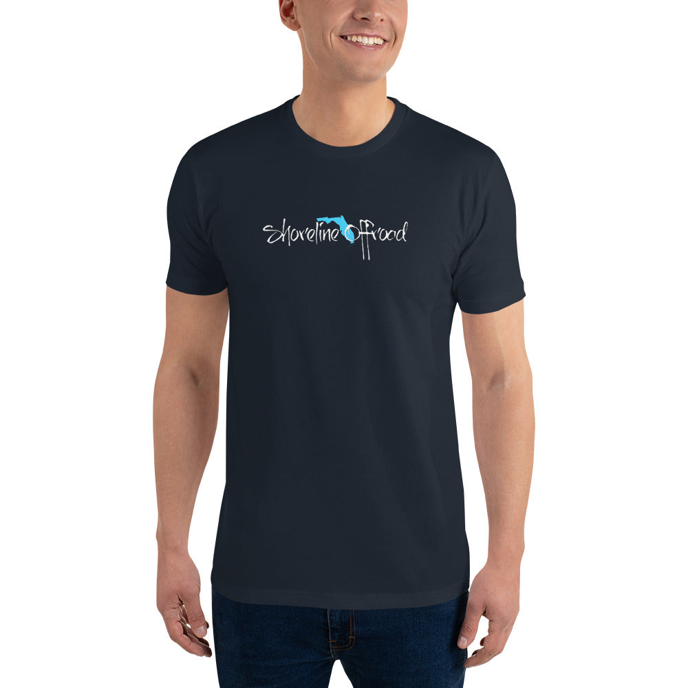 a man wearing a black t - shirt with a blue logo