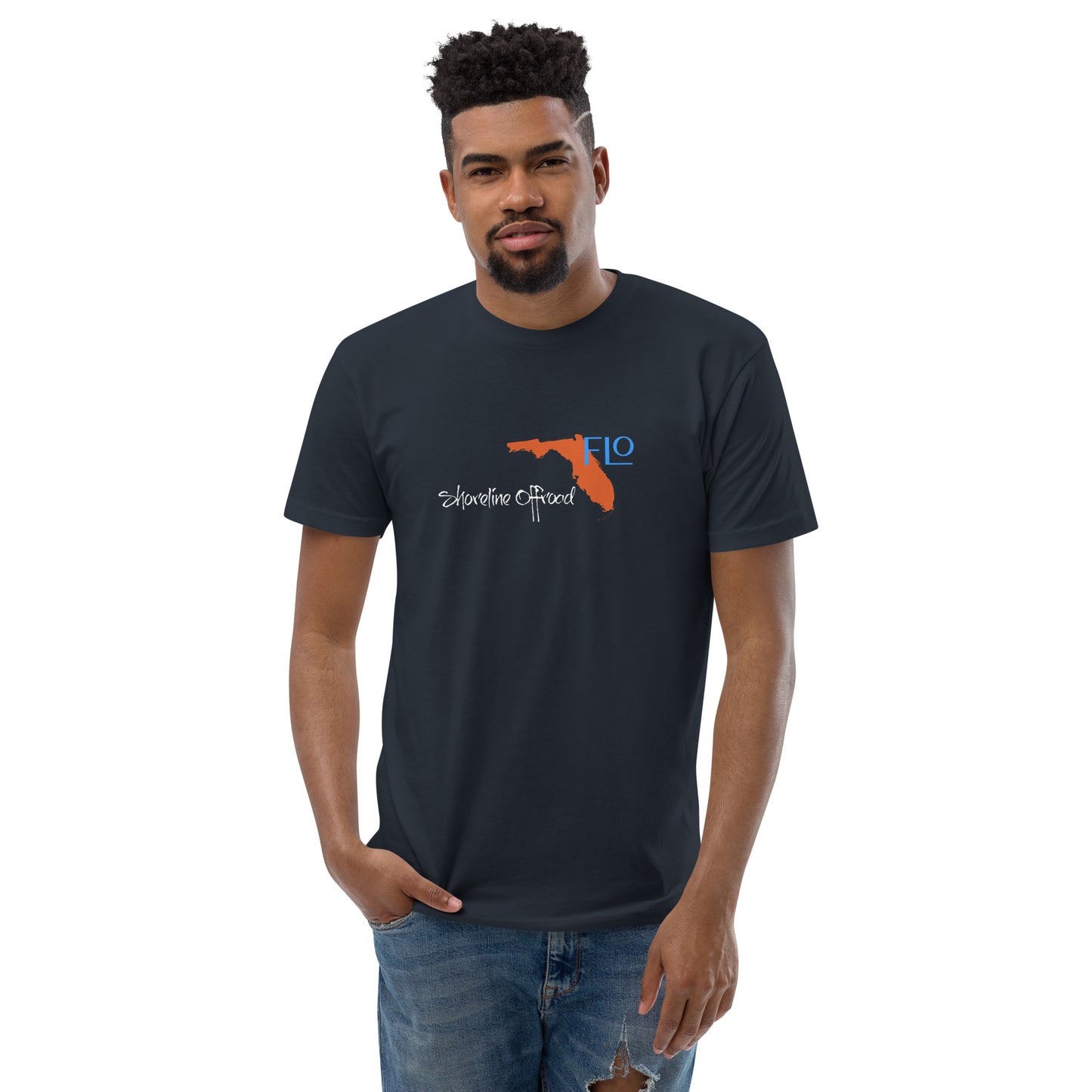 a man wearing a black t - shirt with an orange bird on it