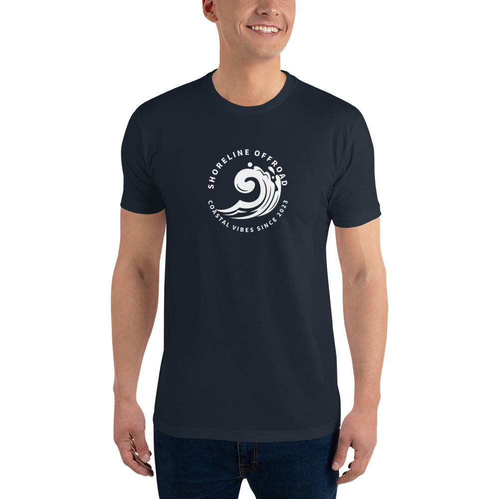a man wearing a black t - shirt with a white wave on it