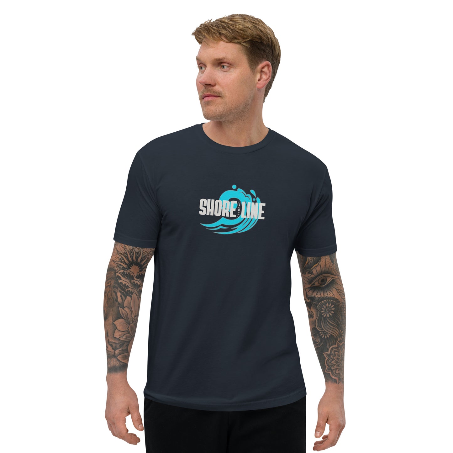 a man wearing a black shirt with the words shore one on it