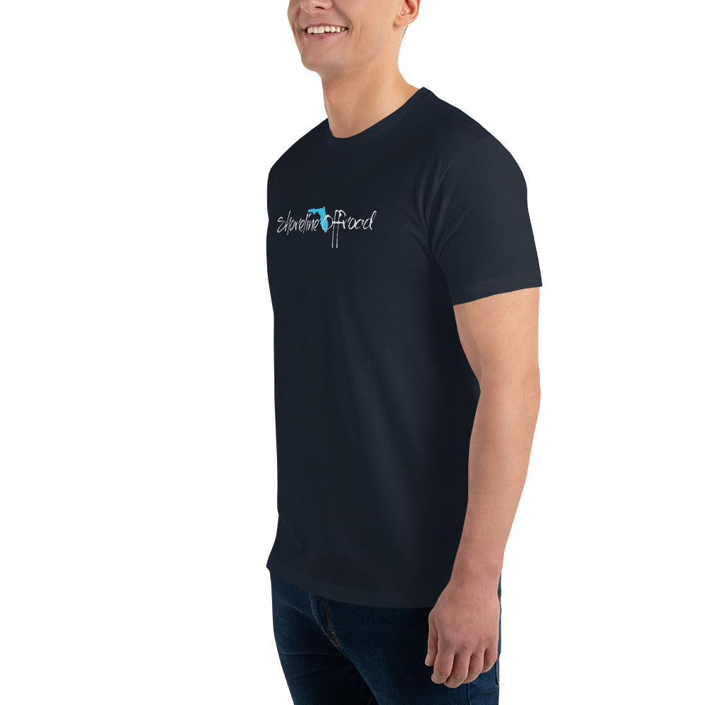 a man wearing a black t - shirt with a blue logo