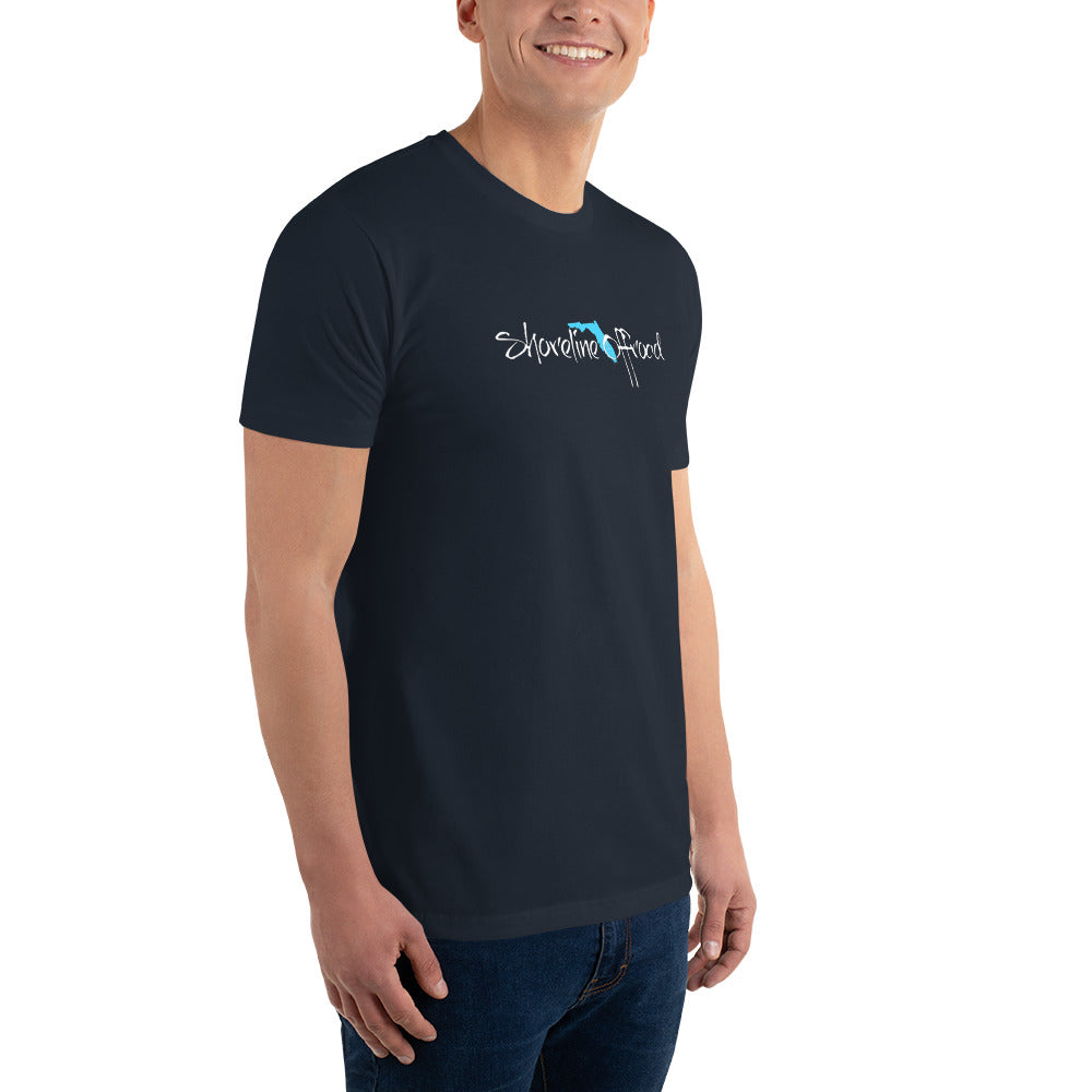 a man wearing a black t - shirt with a blue logo