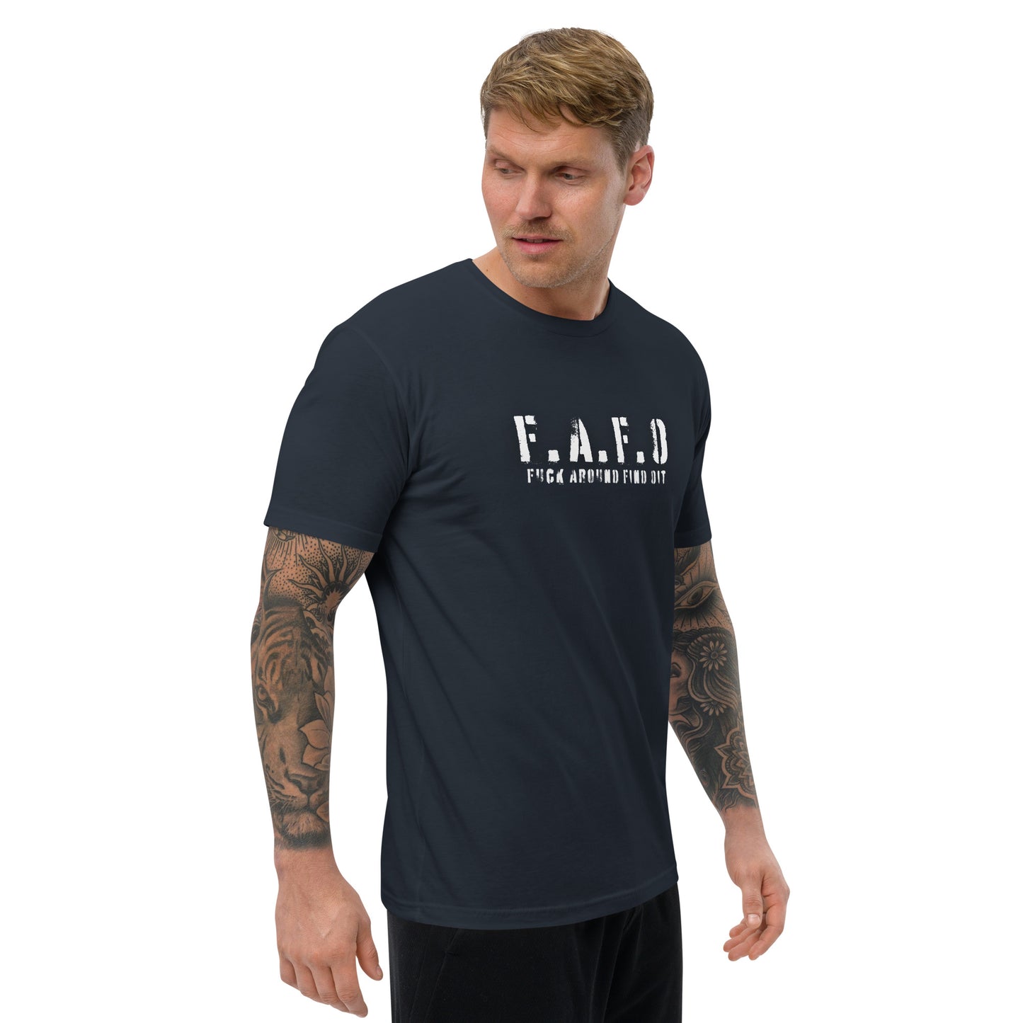 a man wearing a black t - shirt with the word f a d d on