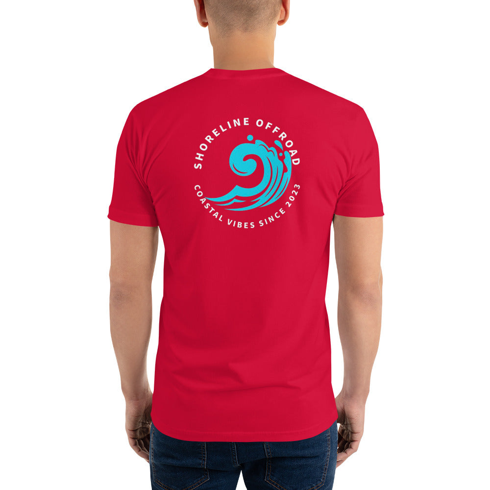 a man wearing a red shirt with a blue wave on it