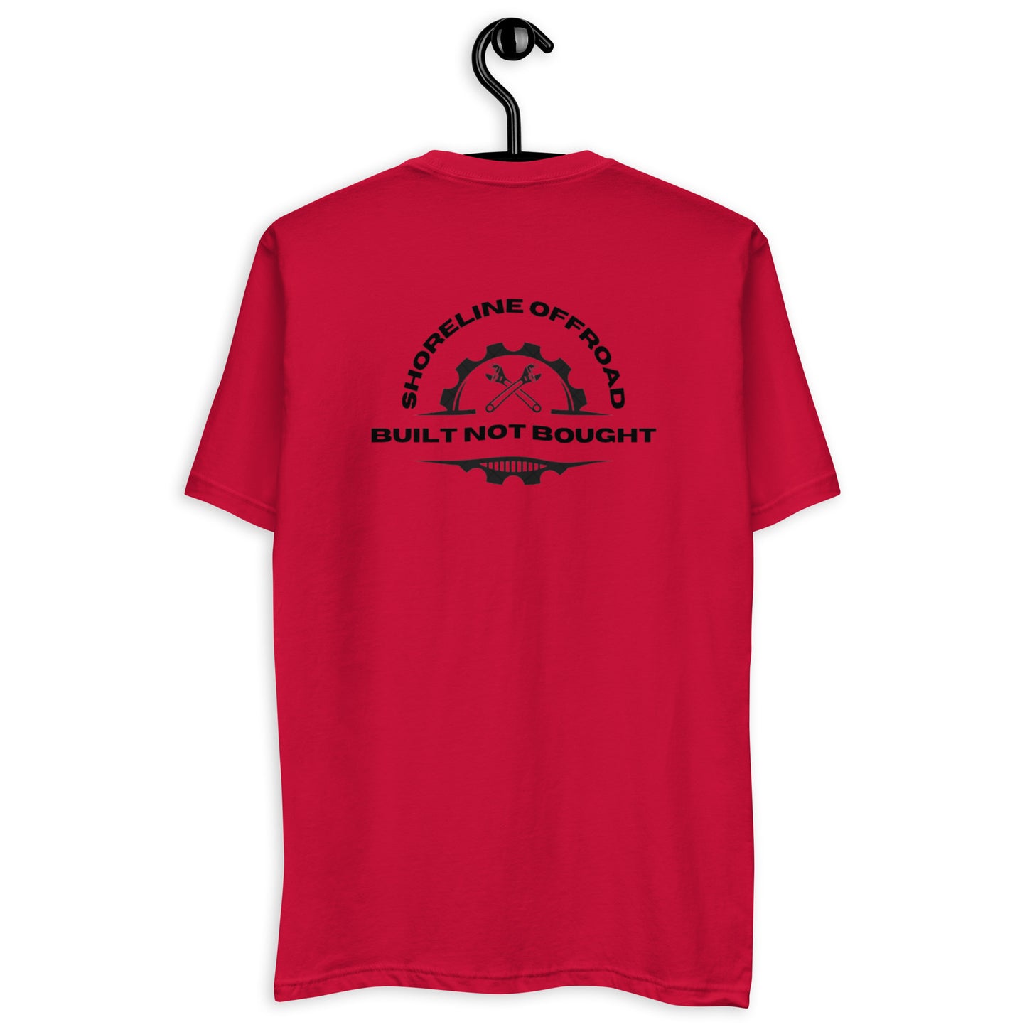 a red t - shirt with a black logo on it