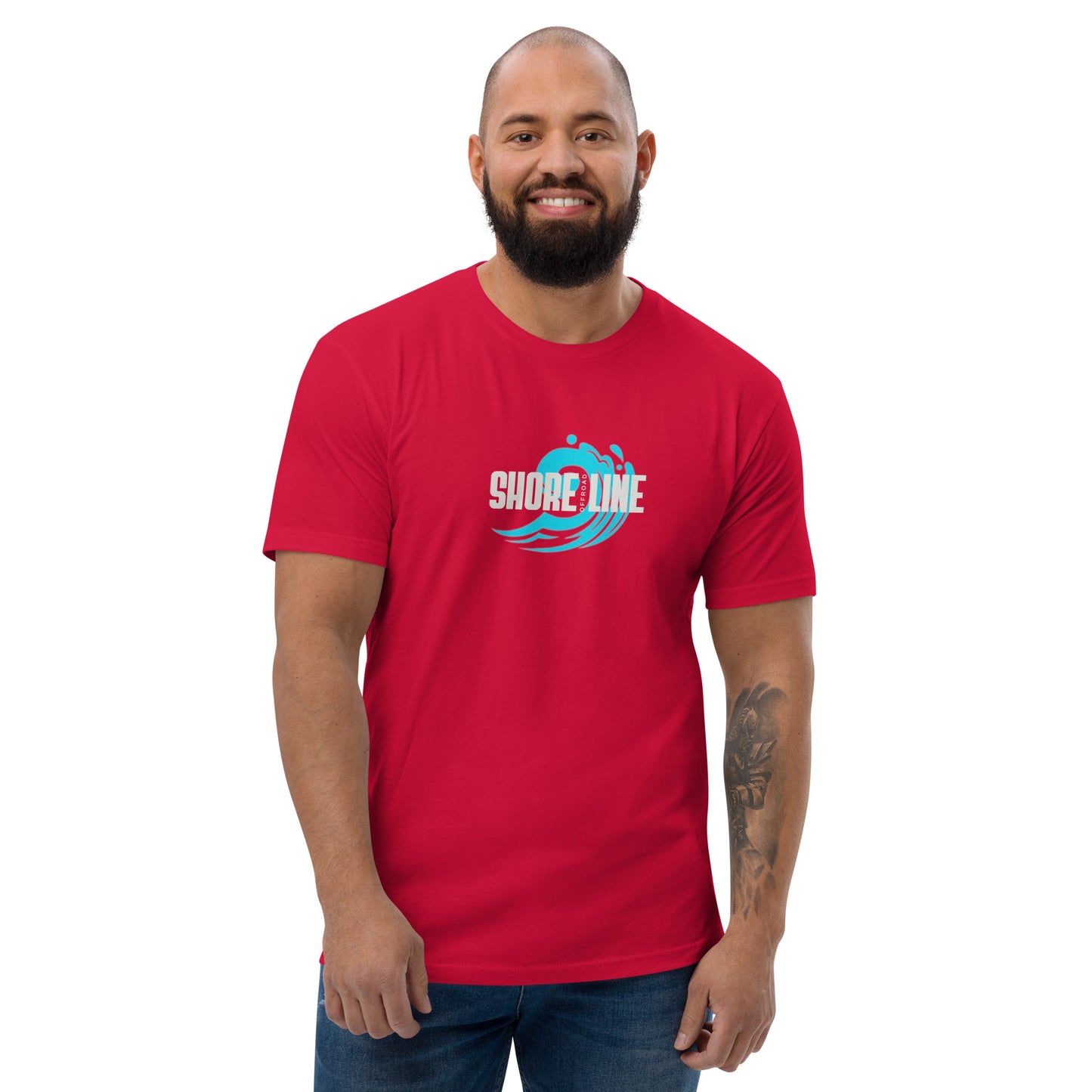 a man with a beard wearing a red shirt