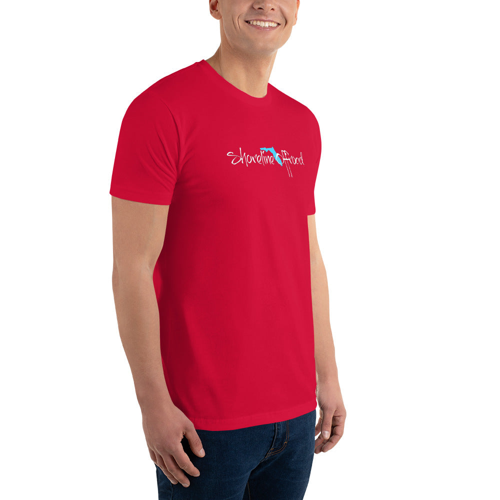 a man wearing a red t - shirt with a blue logo