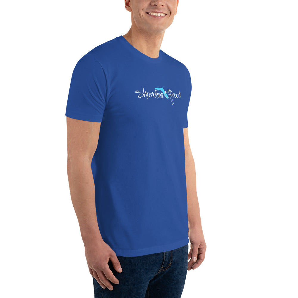 a man wearing a blue t - shirt with a blue logo